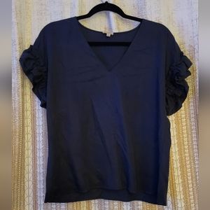 Cremieux Navy Ruffle Sleeves V Neck blouse